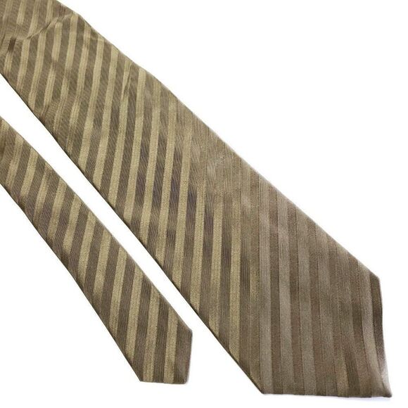 XMI Atkinsons Woven Striped Green Beige‎ Short Wide Silk Wool Tie - Picture 1 of 6